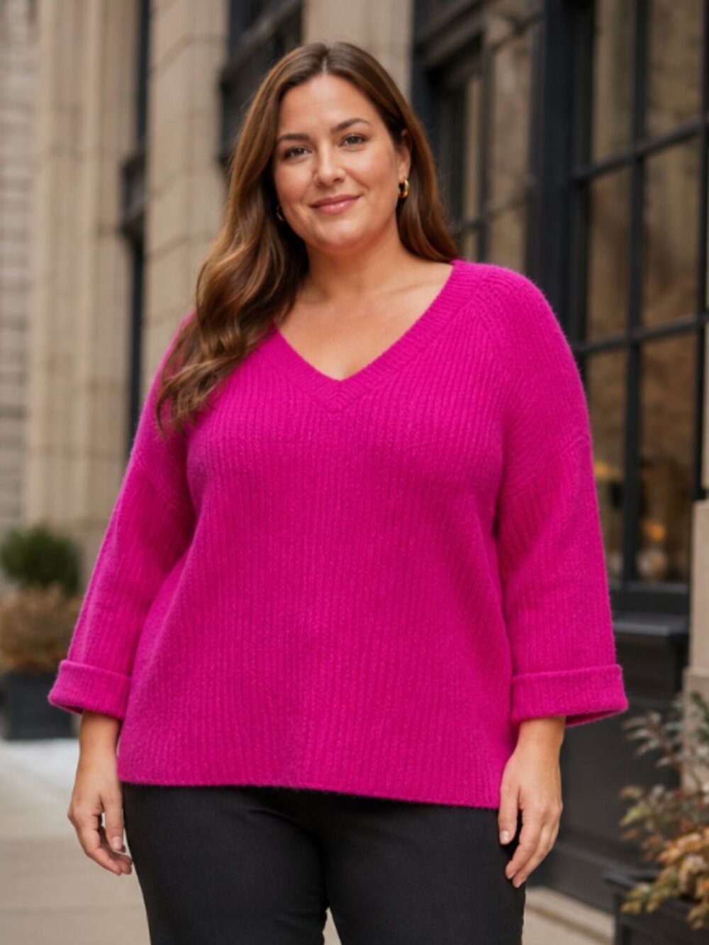 Anthropologie / Lost Ink V-Neck Cozy Knit Sweater - Fuchsia Pink - Women’s XL